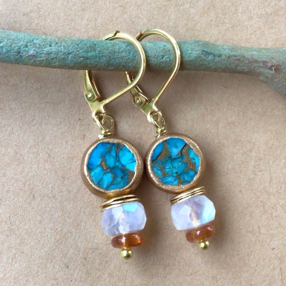 Turquoise Moonstone Gold Edge Sundance Charm Earrings